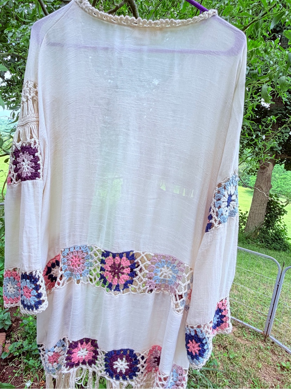 Listicle Boho Crochet Trim Fringe Kimono Cardigan Large Cream Festival Duster - Picture 8 of 10